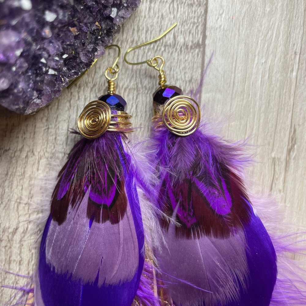 Gold Foiled Genuine Leather Fringe Purple Feather Earrings - Picture 12 of 15
